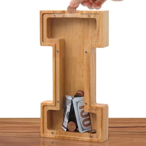 Alcancía de madera con letras para niños, niñas y adultos, 10 pulgadas, grande, 26 letras, irrompible, caja de dinero, con calcomanía de bricolaje,