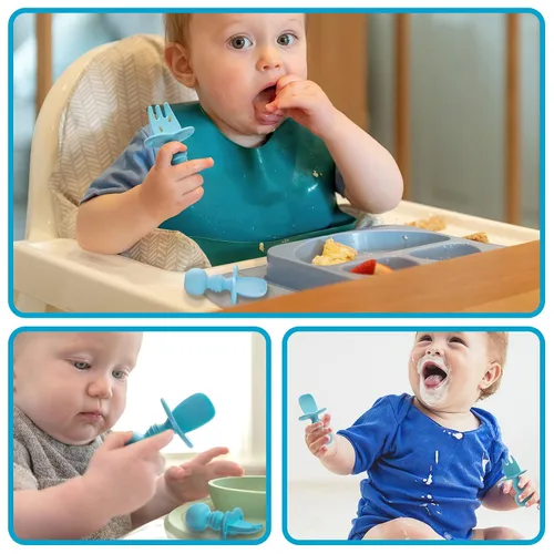 Miniatura 7 de Utensilios de silicona, juego de tenedor y cuchara para bebé, utensilios de entrenamiento, etapa de destete LED para bebés de 6 meses (azul)