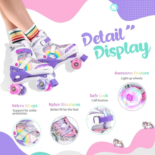 Miniatura 3 de SULIFEEL Rainbow Unicorn - Patines ajustables de 4 tamaños para niñas y niños de 3-5, 5-8, 6-12 años, patines para interiores y exteriores b púrpura