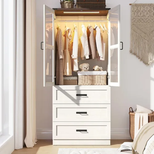 Miniatura 11 de Hlivelood Armario Ropero Estilo Granja de 75" de Alto con 2 Puertas con LED, Armario Independiente para Dormitorio con Barra para Colgar, Gabinete
