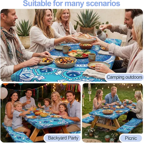 Miniatura 7 de Funda de mesa de picnic con fundas para bancos Esenciales de camping Mantel de picnic impermeable y a prueba de viento con bolsa de cordón, funda