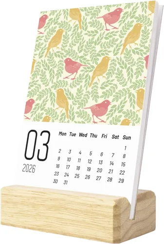 Miniatura 3 de Calendario de escritorio pequeño 2026 con tema floral, base de madera, oscuro