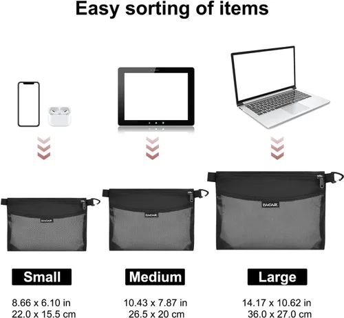 Miniatura 3 de Bagail Bolsa ultraligera con cremallera Bolsas de embalaje de viaje para artículos de tocador, documentos, electrónica-Negro Set