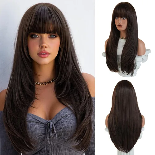 Miniatura 11 de PARK YUN 27IN Cool Ash Platinum Blonde Straight Wig with Bangs Long Layered Synthetic Wig Shadow Root Light Beige Blonde Hair Heat Resistant Natural