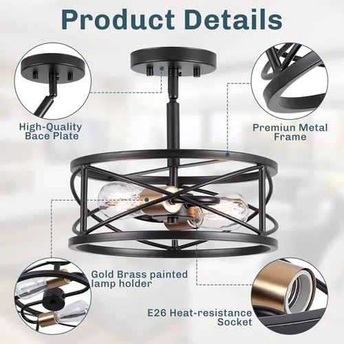 Miniatura 2 de mavcadonf Lámpara de techo semiempotrada de 2 luces, de 14 pulgadas, industrial y moderna, con jaula de metal, lámpara de techo con acabado