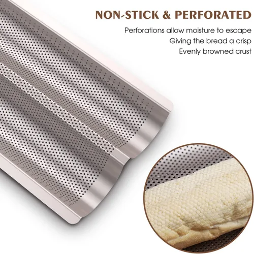 Miniatura 3 de Molde para Pan Baguette Moldes para Pan Francés Para Hornear, Antiadherente 2 Ranuras Perforado Molde Italiano para Pan Molde Largo para Pan Francés