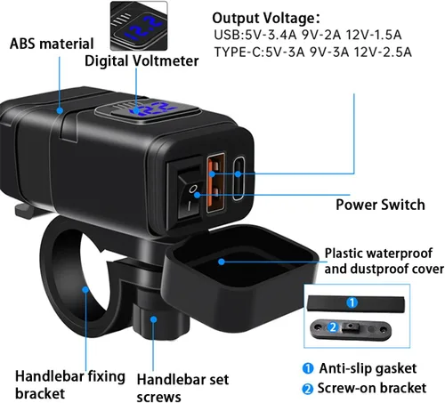 Miniatura 3 de Ankuee Cargador de teléfono USB para motocicleta, adaptador SAE a USB impermeable con voltímetro e interruptor de encendido/apagado, cargador doble
