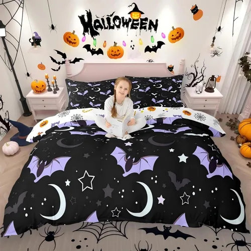 Miniatura 26 de Juego de ropa de cama de Halloween, funda de edredón gótica de murciélagos negros con telarañas, funda de edredón individual, diseño de arañas