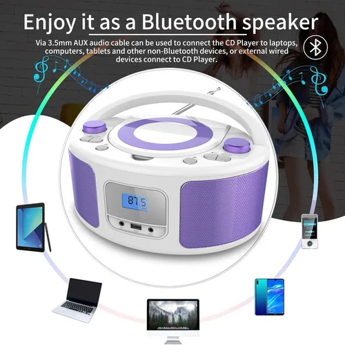 Miniatura 6 de Reproductor de CD Radio Portátil con Bluetooth, Radio FM, Control Remoto, Entrada USB y Conector de Auriculares de 3.5mm AUX, Reproducción