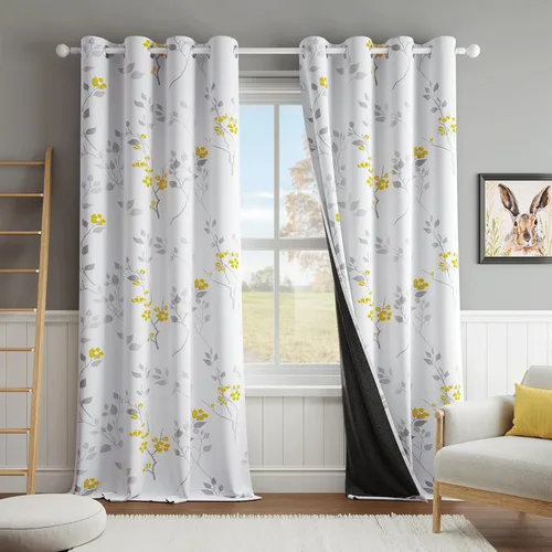 Miniatura 17 de Beauoop Cortinas Florales 100% Opacas de 54 Pulgadas de Largo, 2 Paneles para Dormitorio, Sala de Estar, Azul Gris y Blanco con Patrón de Flores