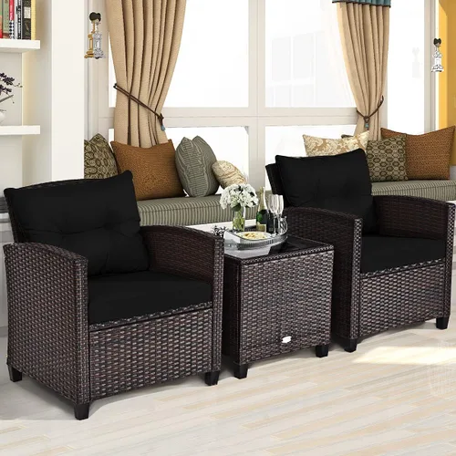 Miniatura 3 de Tangkula Juego de muebles de patio de 3 piezas, mimbre de ratán de polietileno, juego de sofá de 3 piezas para exteriores con cojín lavable y mesa