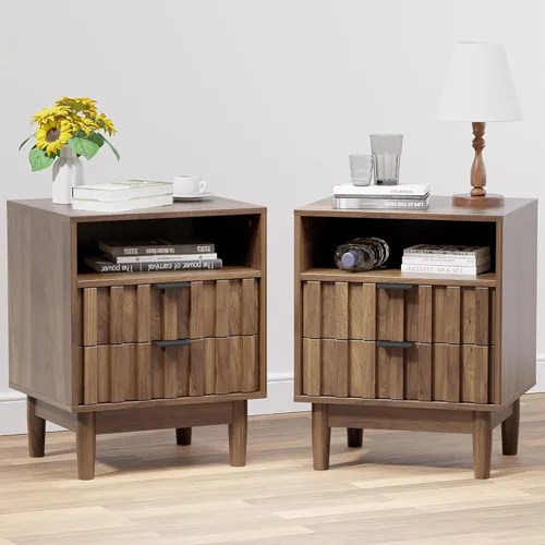 Miniatura 25 de Mesita de noche con 2 cajones de almacenamiento, mesa auxiliar moderna para dormitorio con asa recortada, mesitas de noche grandes para dormitorio