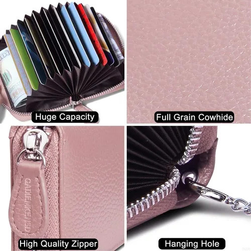 Miniatura 5 de GADIEMKENSD Tarjetero de tarjeta de crédito pequeño RFID cartera cremallera cuero genuino acordeón carteras, Rosado, Mejorado