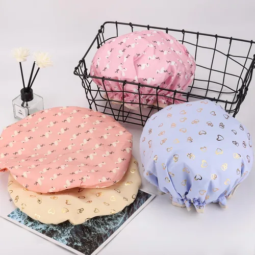 Miniatura 7 de 4 Piezas Gorros de Ducha para Mujeres y Niña, Gorro de Baño Reutilizable e Impermeable con Doble Capa Impermeable, Patrón de Pájaro y Corazón