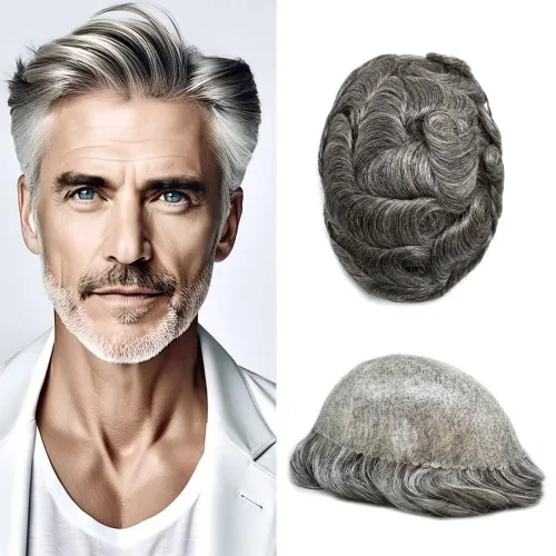 Miniatura 81 de Peluca completa de poliuretano para hombre, sistemas de reemplazo de cabello humano, piel fina y duradera, para hombre, prótesis de cabello