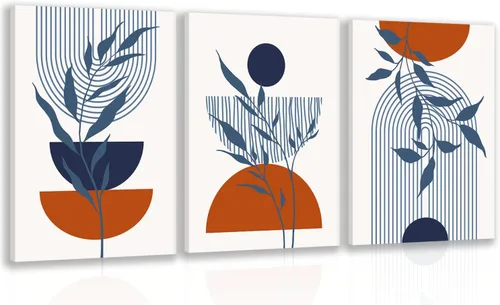 Juego de 3 arte de pared bohemio azul para pared, impresiones de pósteres de pared azules, decoración de pared minimalista enmarcada, línea