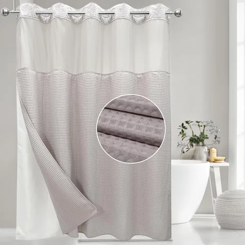 Miniatura 10 de VIUOON Cortina de ducha sin gancho de tejido de sarga con juego de forro de tela a presión, estilo hotelero con ventana superior transparente, tela