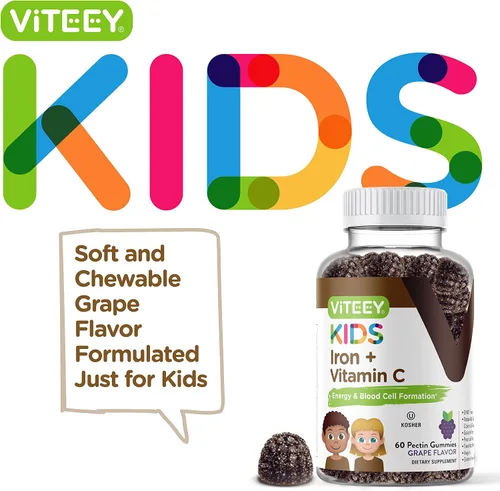 Miniatura 2 de Viteey - Hierro para niños con vitamina C, sabrosa gomita masticable con sabor a uva Supports Energy, Blood Cell Formulation, Blood Builder Anemia