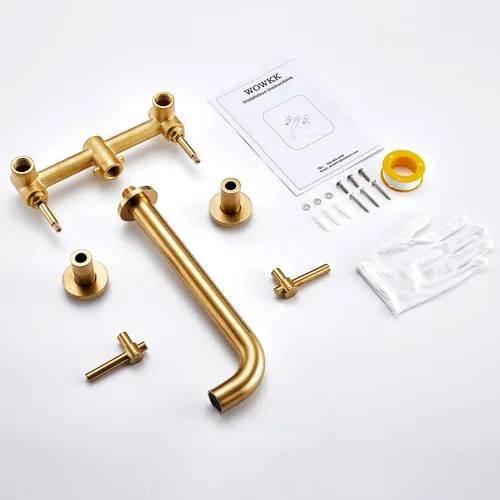 Miniatura 6 de Wowkk Llenador de bañera de montaje en pared, grifo de bañera de oro cepillado, grifos de baño de latón con 2 asas