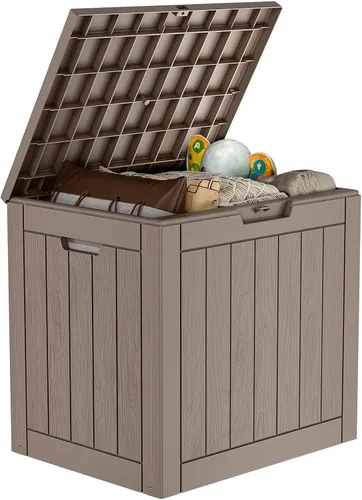Miniatura 37 de Caja de cubierta para exteriores de 120 galones, cajas de almacenamiento impermeables con cerradura para herramientas de jardín, cojines de Gris