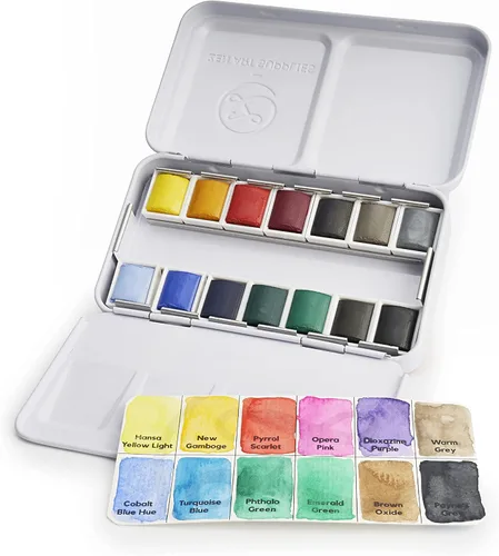 Miniatura 4 de ZenART - Pintura de acuarela moderna profesional, no tóxica, juego de 12 medias bandejas en paleta de lata de metal, juego de viaje portátil