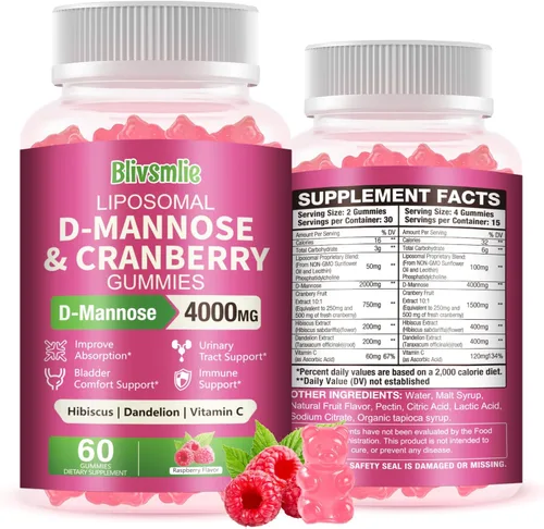 Miniatura 8 de Paquete de 2 gomitas liposomales D-manosa de 4000 mg complejo de arándano 1500 mg e hibisco, fórmula de alta potencia para mujeres tracto urinario