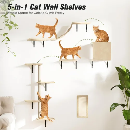 Miniatura 3 de COZIWOW Muebles para gatos montados en la pared, estantes y perchas de pared para gatos, estantes flotantes para gatos para pared, juego de 5 (beige)