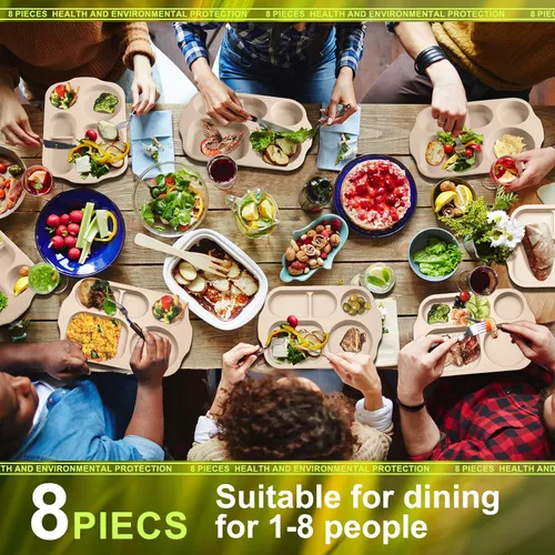 Miniatura 6 de Tanlade - 8 platos divididos irrompibles grandes de 12 pulgadas para adultos, bandeja de comida de paja de trigo de 5 compartimentos, bandeja