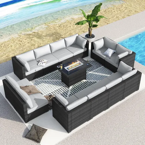 Miniatura 60 de BULEXYARD Juego de 7 piezas de sofá seccional para exteriores con respaldo alto, mesa para fogatas, juego de muebles de patio de mimbre resistente a