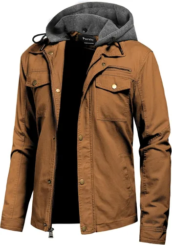 Miniatura 18 de Pursky Chaqueta de lona de algodón militar casual para hombre con capucha desmontable