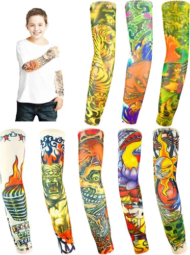 Miniatura 7 de Mangas de brazo de tatuaje falso a granel, 8 piezas de protección solar temporal para niños pequeños y grandes Juego de 3 mangas de 8 piezas