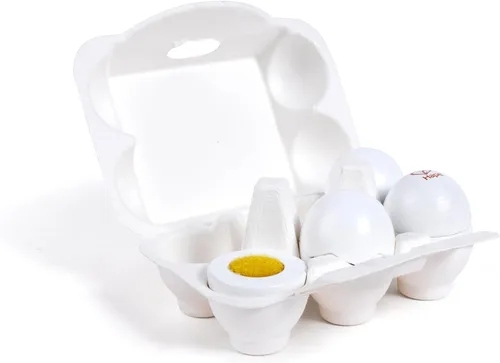 Miniatura 4 de Hape Cartón de huevos 3 huevos duros con cáscara fácil de despegar y 3 fritos, juguete educativo realista de madera para niños de 3 años