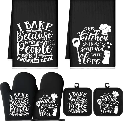 Miniatura 11 de Sratte Juego de 6 Piezas de Accesorios de Decoración de Cocina Estilo Granja Toallas Agarraderas Manoplas de Horno Juego de 2 Paños de Cocina 2 Negro