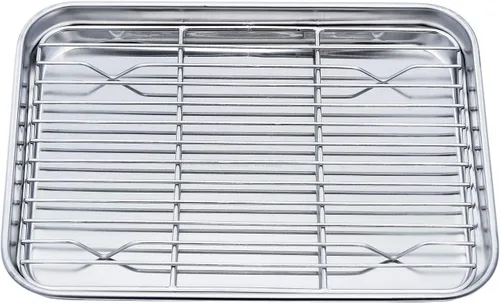Miniatura 9 de TeamFar Juego de bandeja y rejilla para horno tostador, 9.3'' x 7'' x 1'', bandeja para horno tostador de acero inoxidable bandeja para asar,