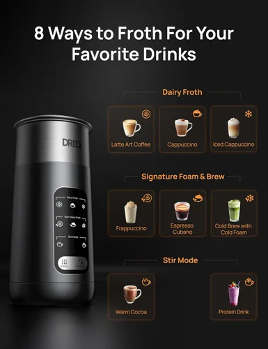 Miniatura 3 de DREO Espumador de Leche, espumador eléctrico de acero inoxidable 8 en 1 para microespuma de arte de café con leche, espumadores automáticos de 9