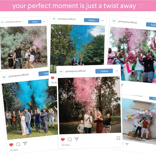 Miniatura 6 de PrimePure Cañón de confeti para revelación de género, polvo biodegradable y confeti en forma de corazón, 2 rosas y 2 azules, paquete de 4