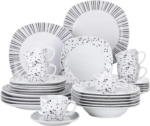 Miniatura 38 de VEWEET, Serie Fiona - Juego de vajilla de 30 piezas para 6 personas, blancos con rayas negras y grises, vajilla de porcelana de platos de postre