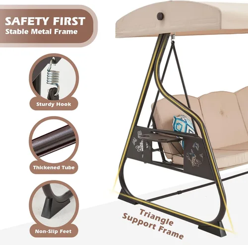 Miniatura 3 de ZZW Silla de columpio para patio de 3 asientos, 800LBS, columpio al aire libre con soporte, con dosel y respaldo ajustable, silla columpio