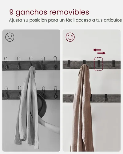 Miniatura 6 de VASAGLE Perchero, árbol de pasillo con banco de zapatos para entrada, banco de entrada con perchero, 4 en 1, con 9 ganchos extraíbles, una barra