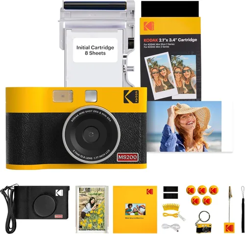 KODAK Mini Shot 2 ERA 4PASS - Cámara instantánea 2 en 1 e impresora fotográfica (amarillo, cámara + 8 hojas iniciales + 60 hojas + accesorios)