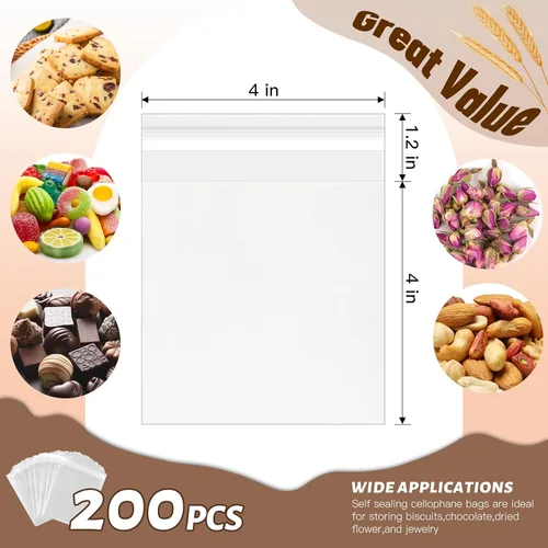 Miniatura 3 de YunKo Paquete de 200 bolsas de celofán autosellantes, bolsas transparentes para galletas para regalo, bolsa para embalaje de galletas, dulces