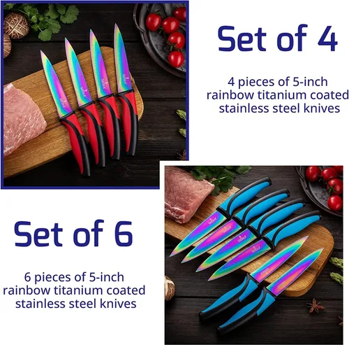 Miniatura 4 de SiliSlick Juego de cuchillos para carne de acero inoxidable, cuchillos de cocina coloridos con revestimiento de titanio con borde recto, suave