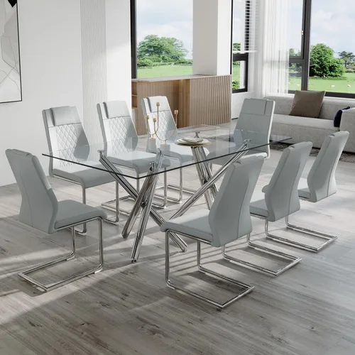 Miniatura 20 de Ebullient Moderno juego de mesa de comedor para 6, mesa de comedor de cristal de 71 pulgadas y patas de mesa de metal dorado, mesas de comedor