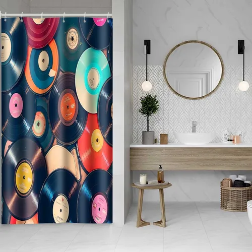 Miniatura 9 de YLOKTP0796 - Cortina de ducha con música retro, 36 x 72 pulgadas, discos musicales, álbum de baño, bañeras, juego de decoración con 6 ganchos