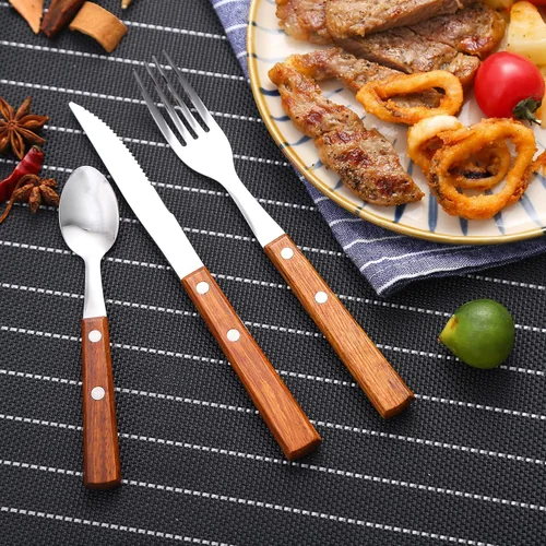 Miniatura 3 de HAPPY KIT Juego de cubiertos de tenedores y cucharas, juego de cubiertos de mango de madera, 8 piezas (2 juegos) de acero inoxidable 18/8, cucharas