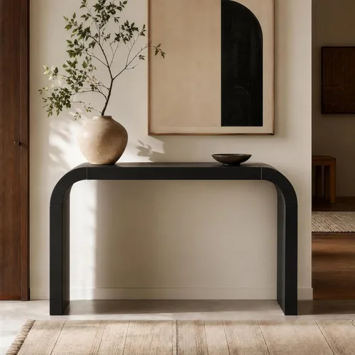 Miniatura 45 de 50" Modern Art Sculptural Console Table, Oval Cutout Legs, Wood Veneer, Thick Rounded Tabletop, Contemporary Entryway Sofa Table for Living Room