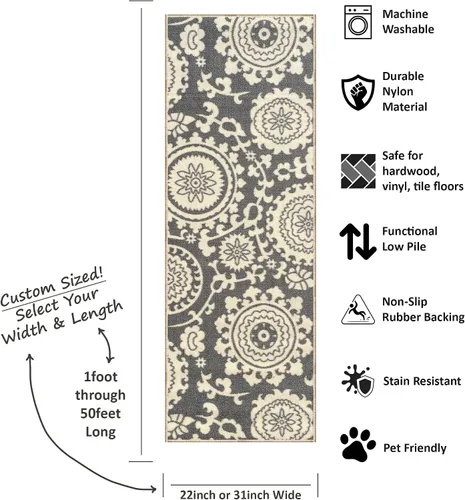 Miniatura 4 de Kapaqua Alfombra antideslizante de tamaño personalizado, color marrón, dorado, beige, con parte trasera de goma, para pasillo, 22 pulgadas de ancho