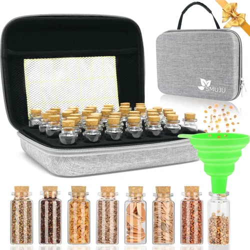 【40 ranuras】 Organizador de almacenamiento de semillas, caja de almacenamiento resistente con bolsa de doble cremallera y 42 etiquetas adhesivas,