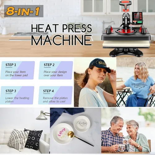 Miniatura 5 de Máquina de prensa de calor industrial 8 en 1 mejorada de 15 x 12 – Potencia de sublimación de oscilación digital, calefacción de grado profesional