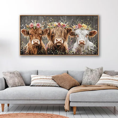 Miniatura 4 de AJAZIKO Arte de Pared de Vaca de las Tierras Altas - Decoración de Pared de Granja y Campo Rústico, Cuadros Grandes en Lienzo para Sala de Estar